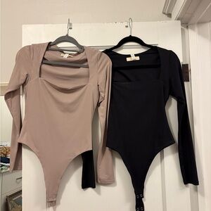 Long Sleeve Bodysuit Set in Black and Taupe